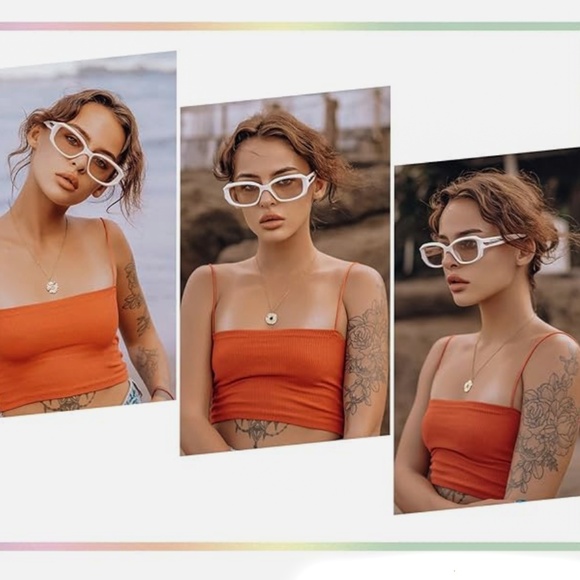 Trendy Beige Rectangle Men Women Trendy Luxury Rave Y2K Fashion Sunglasses - Picture 4 of 5